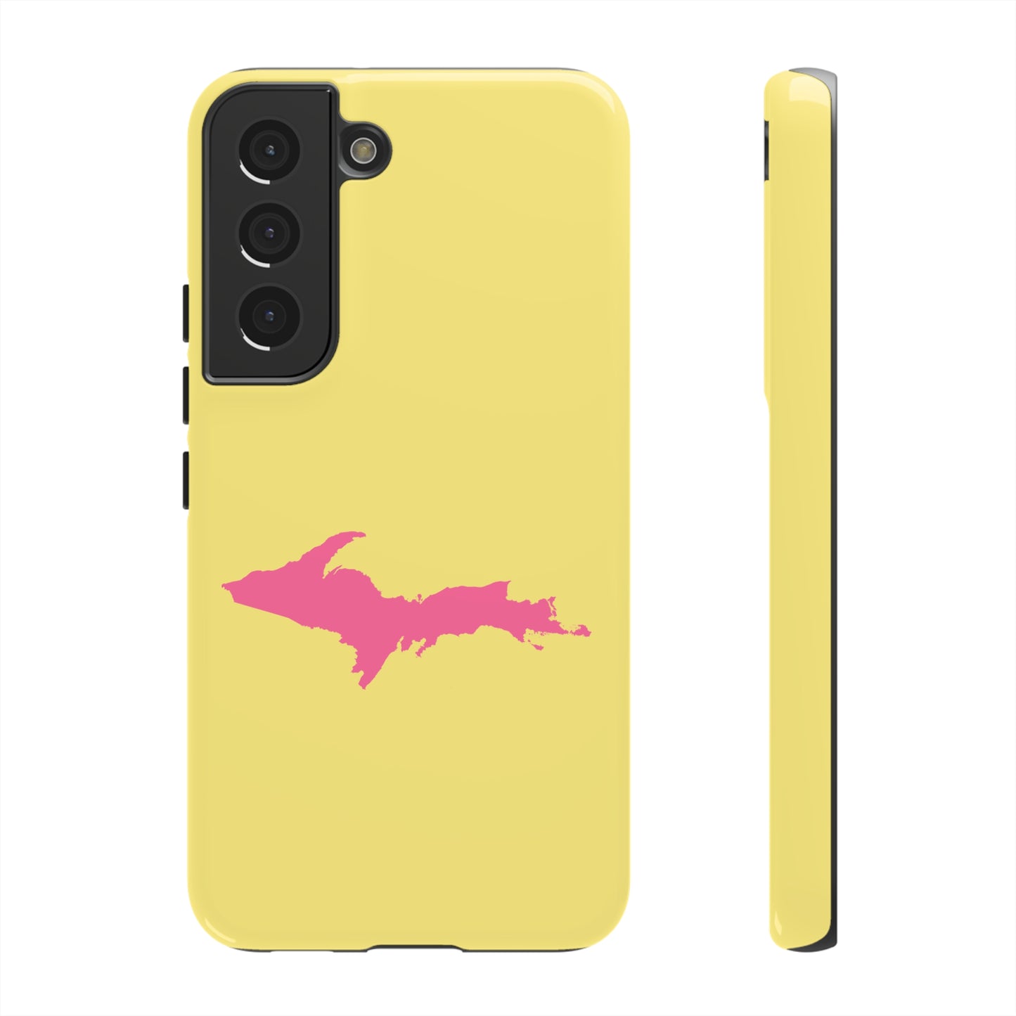 Michigan Upper Peninsula Tough Phone Case (Yellow Cherry Color w/ Pink UP Outline) | Samsung & Pixel Android