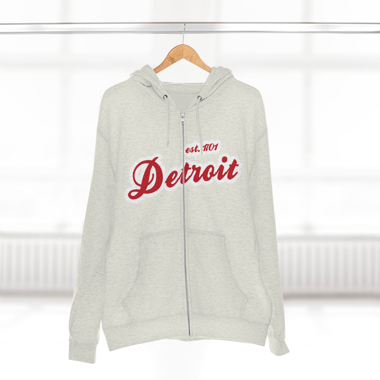 'Detroit EST 1701' Hoodie (Aliform Red Script Font) | Unisex Full Zip