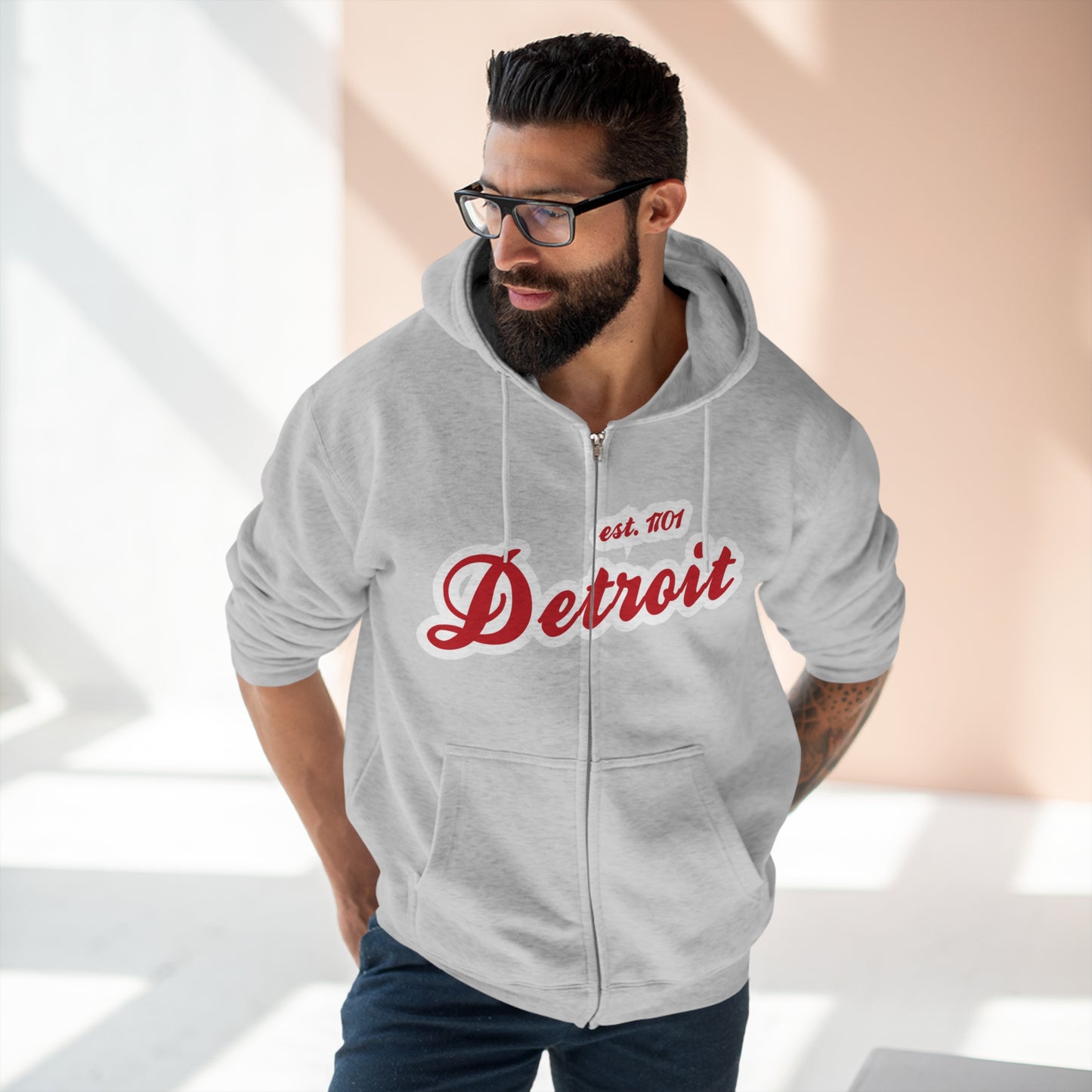 'Detroit EST 1701' Hoodie (Aliform Red Script Font) | Unisex Full Zip