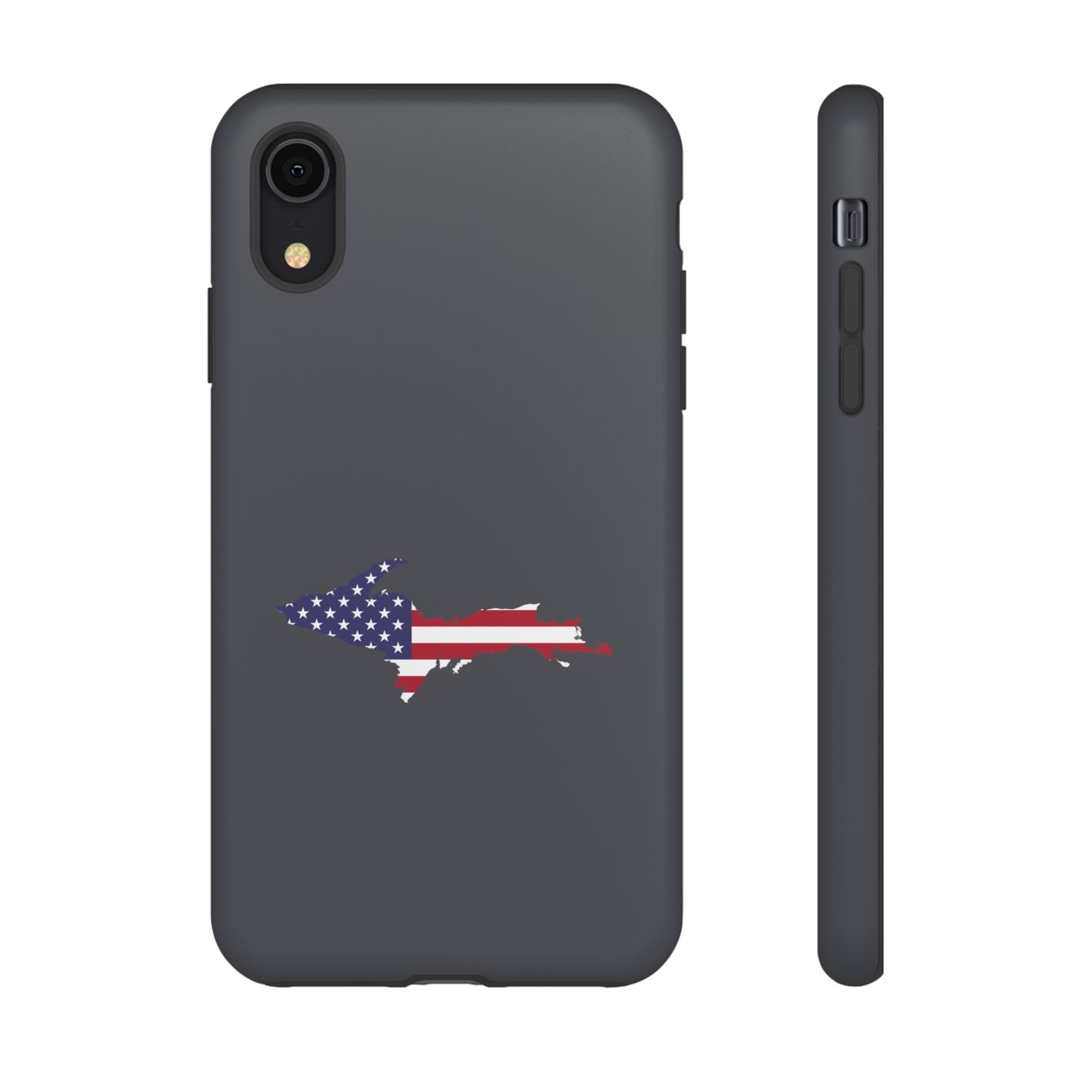 Michigan Upper Peninsula Tough Phone Case (Iron Ore Grey w/ UP USA Flag Outline) | Apple iPhone