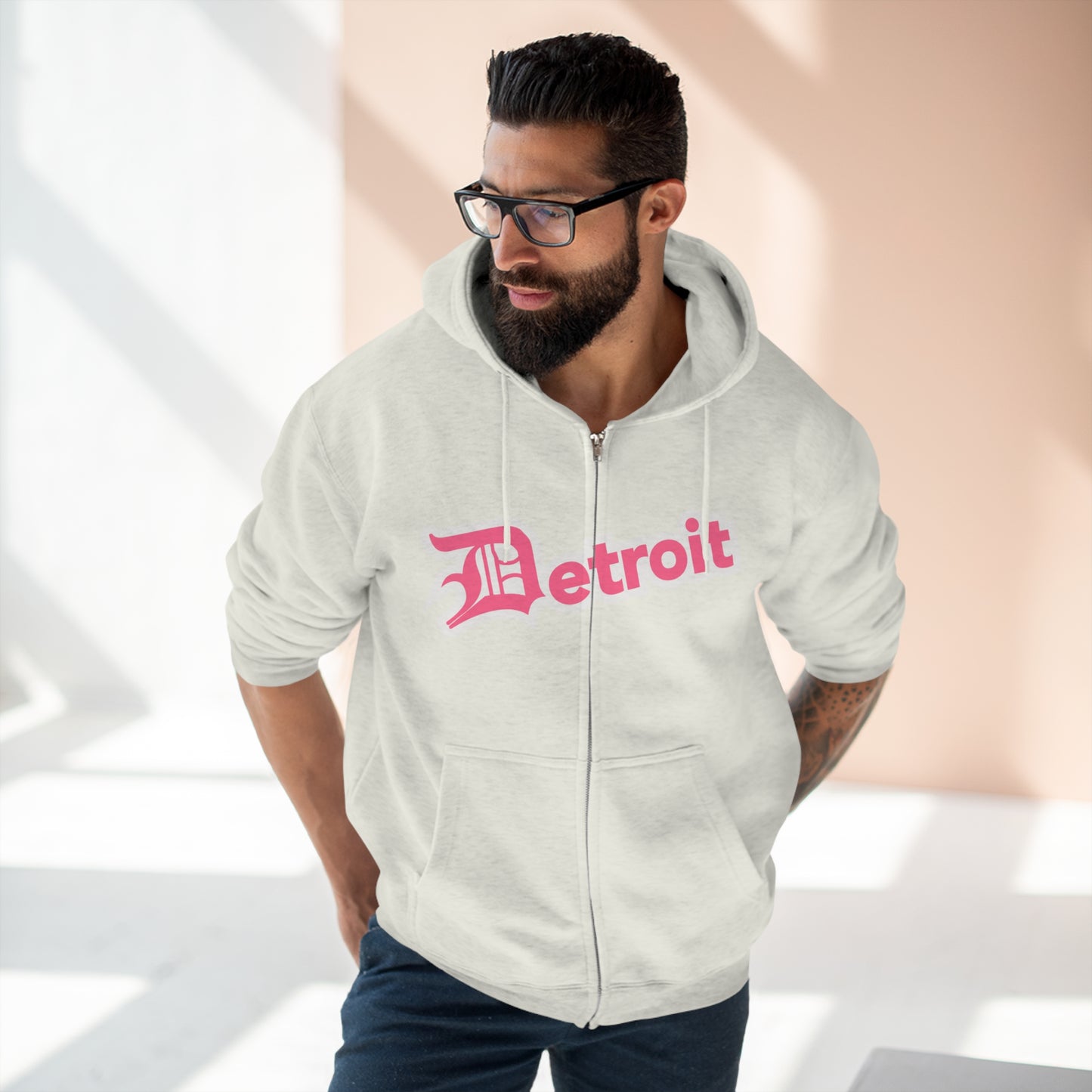 'Detroit' Hoodie (Rhodochrosite Pink w/ Old English 'D') | Unisex Full Zip