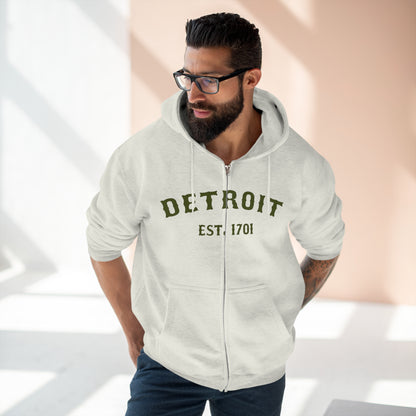 'Detroit EST. 1701' Hoodie (Army Green Ballpark Font) | Unisex Full Zip