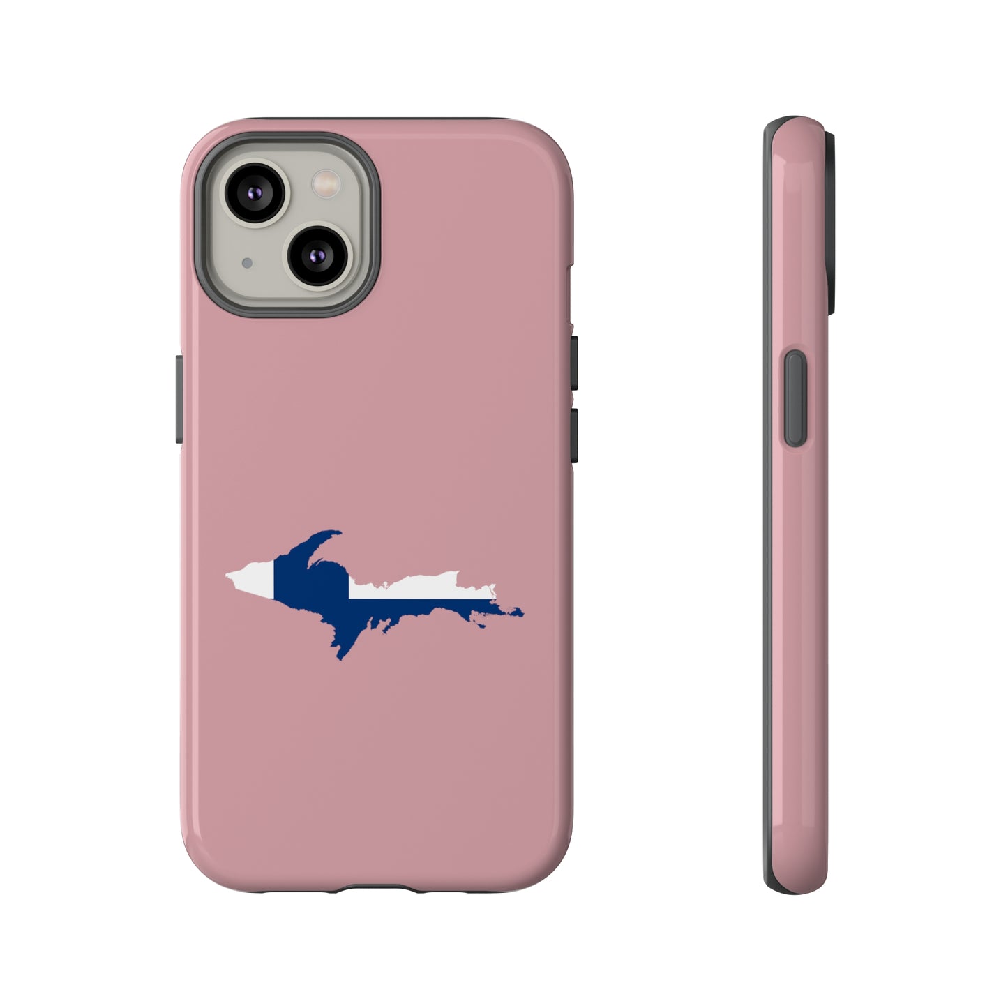 Michigan Upper Peninsula Tough Phone Case (Cherry Blossom Pink w/ UP Finland Flag Outline) | Apple iPhone