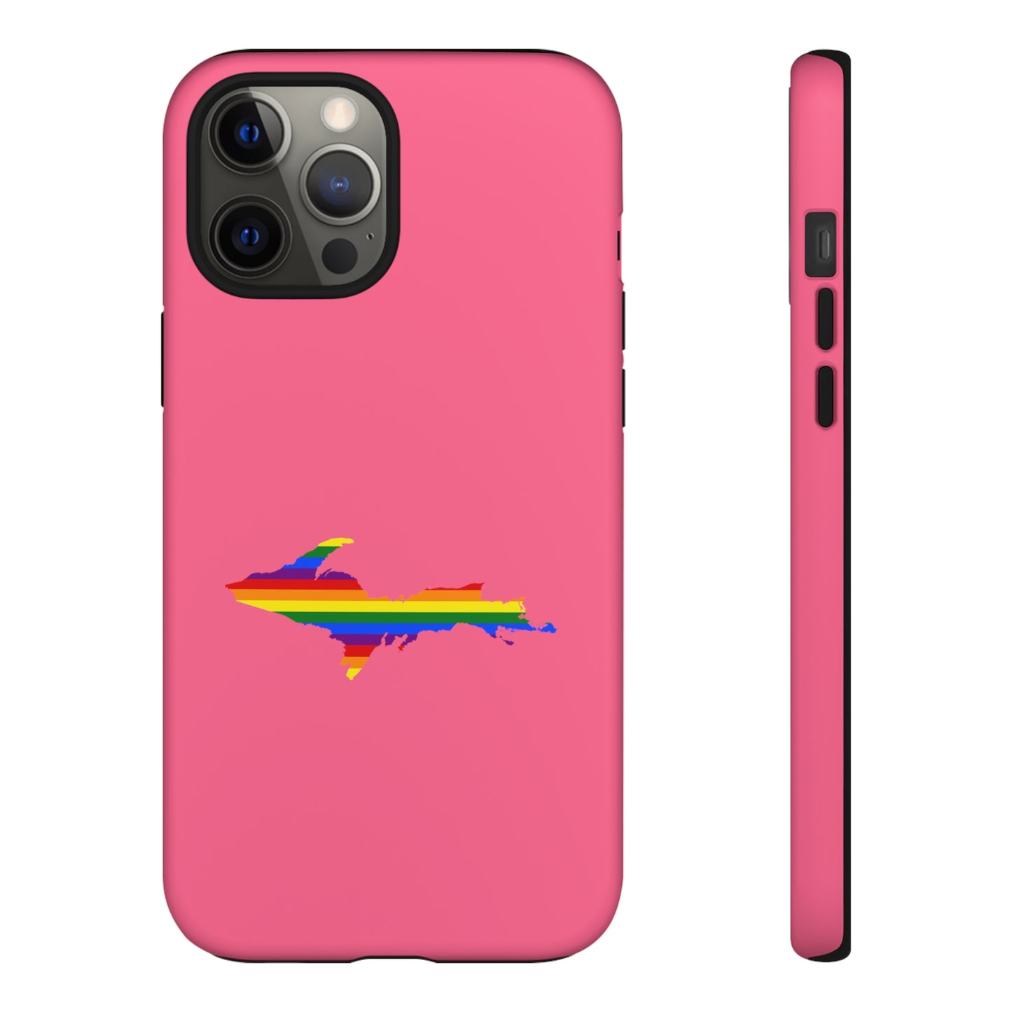 Michigan Upper Peninsula Tough Phone Case (Rhodochrosite Pink w/ UP Pride Flag Outline) | Apple iPhone