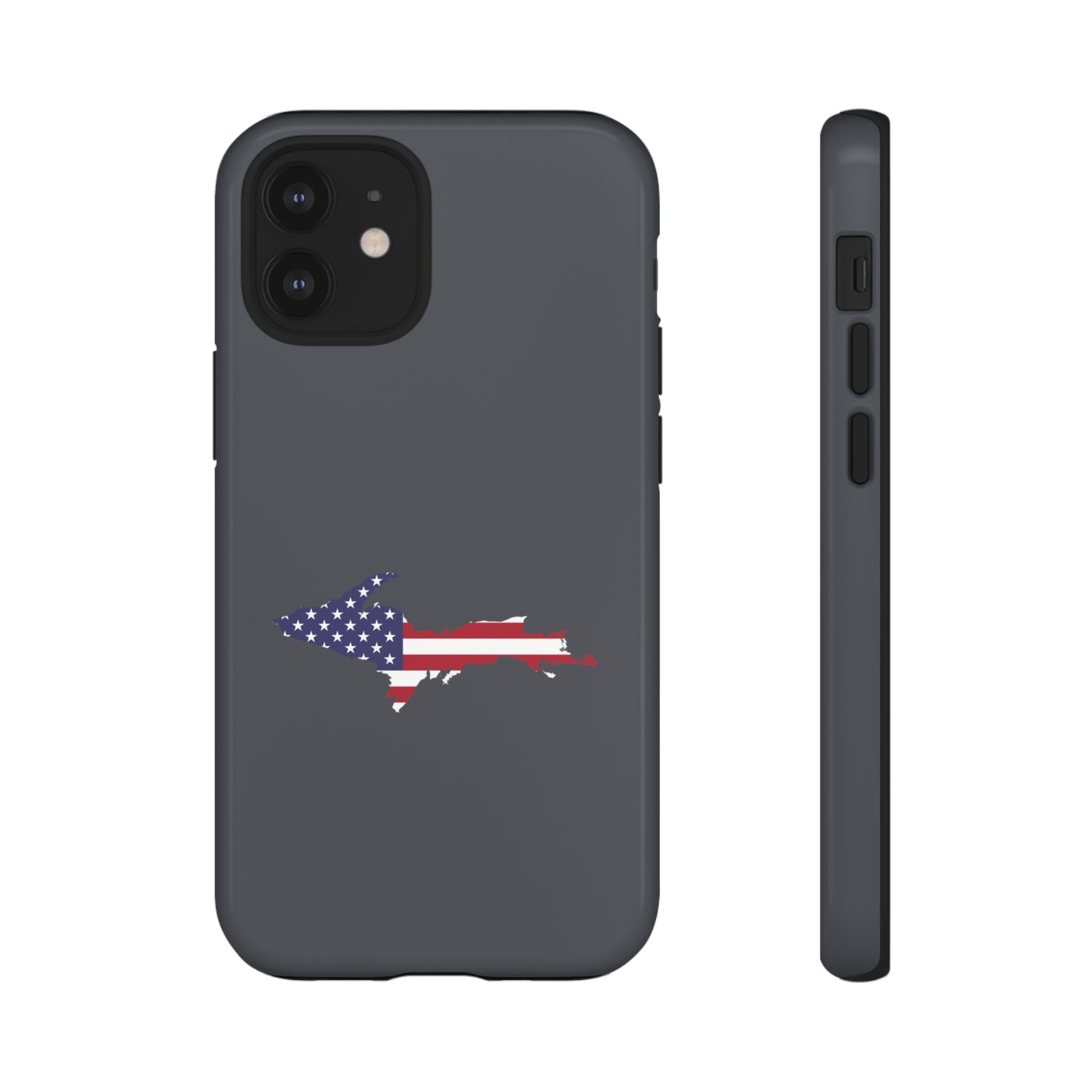 Michigan Upper Peninsula Tough Phone Case (Iron Ore Grey w/ UP USA Flag Outline) | Apple iPhone