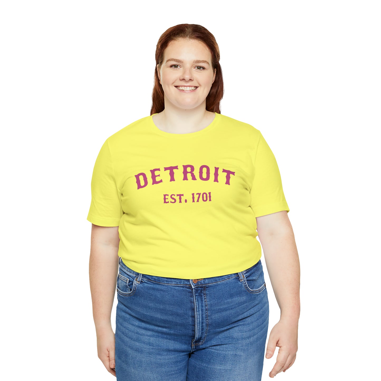 'Detroit EST. 1701' T-Shirt (Apple Blossom Pink Ballpark Font) | Unisex Standard