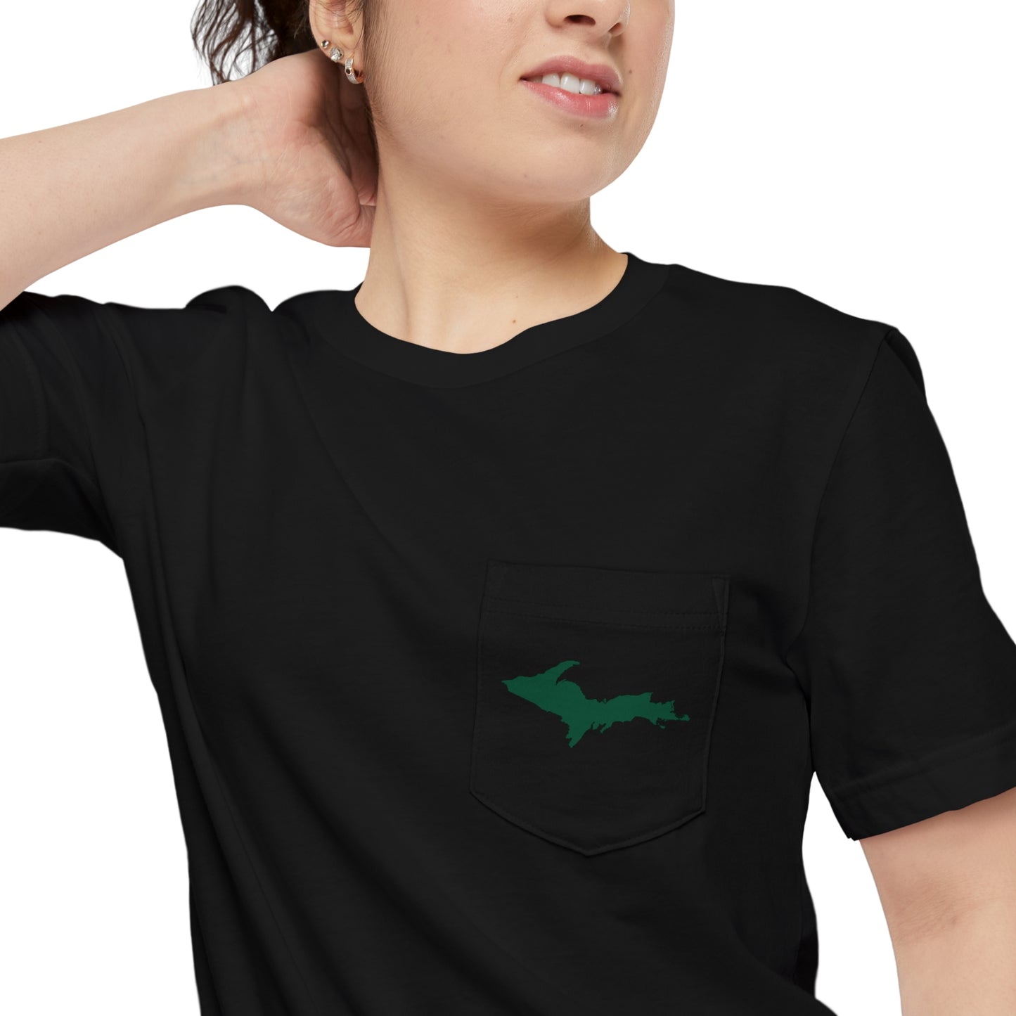 Michigan Upper Peninsula Pocket T-Shirt (w/ Green UP Outline) | Unisex Standard