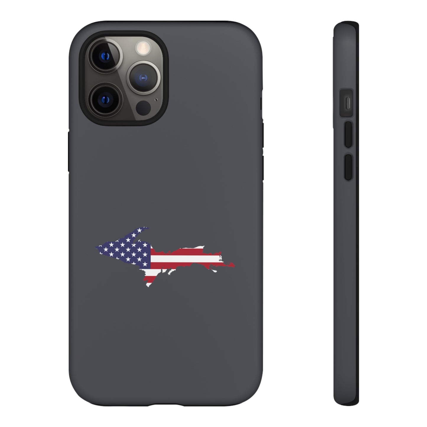 Michigan Upper Peninsula Tough Phone Case (Iron Ore Grey w/ UP USA Flag Outline) | Apple iPhone