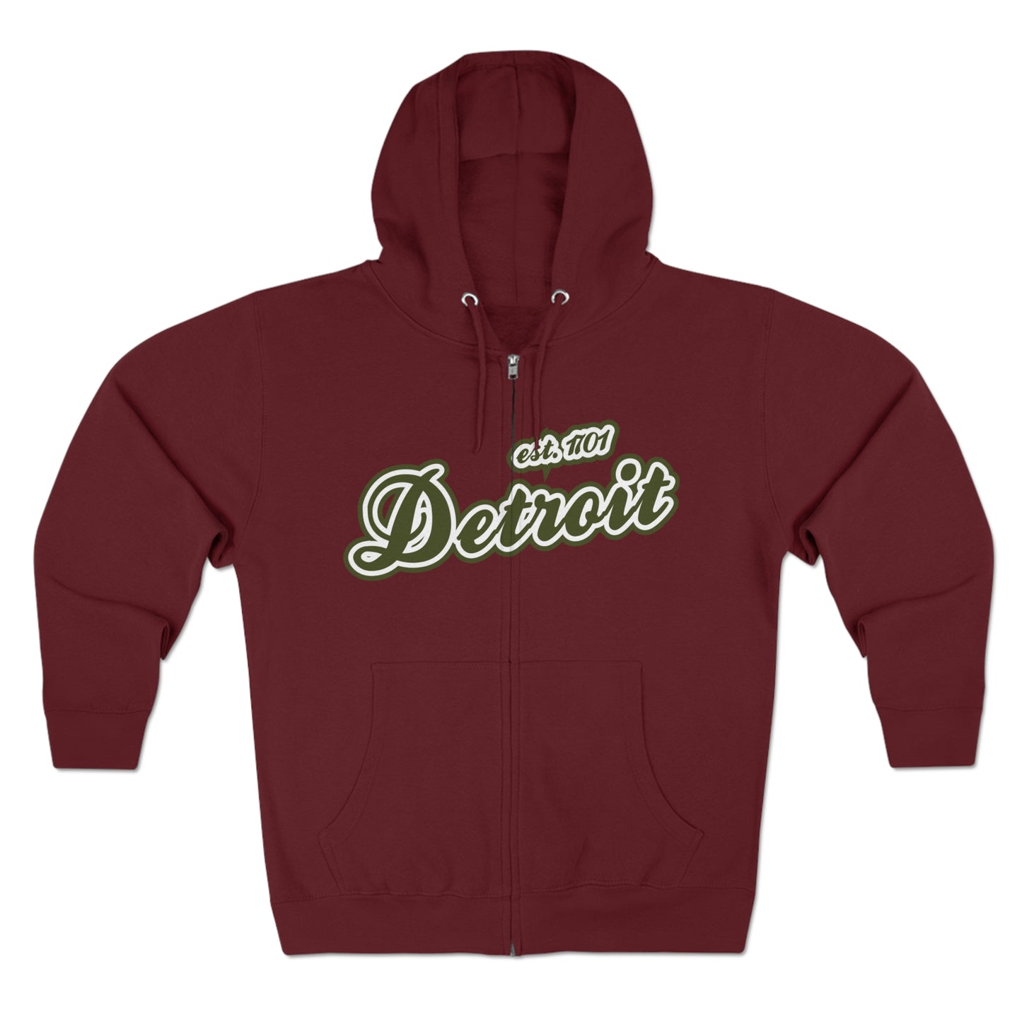 'Detroit EST 1701' Hoodie (Army Green Script Font) | Unisex Full Zip