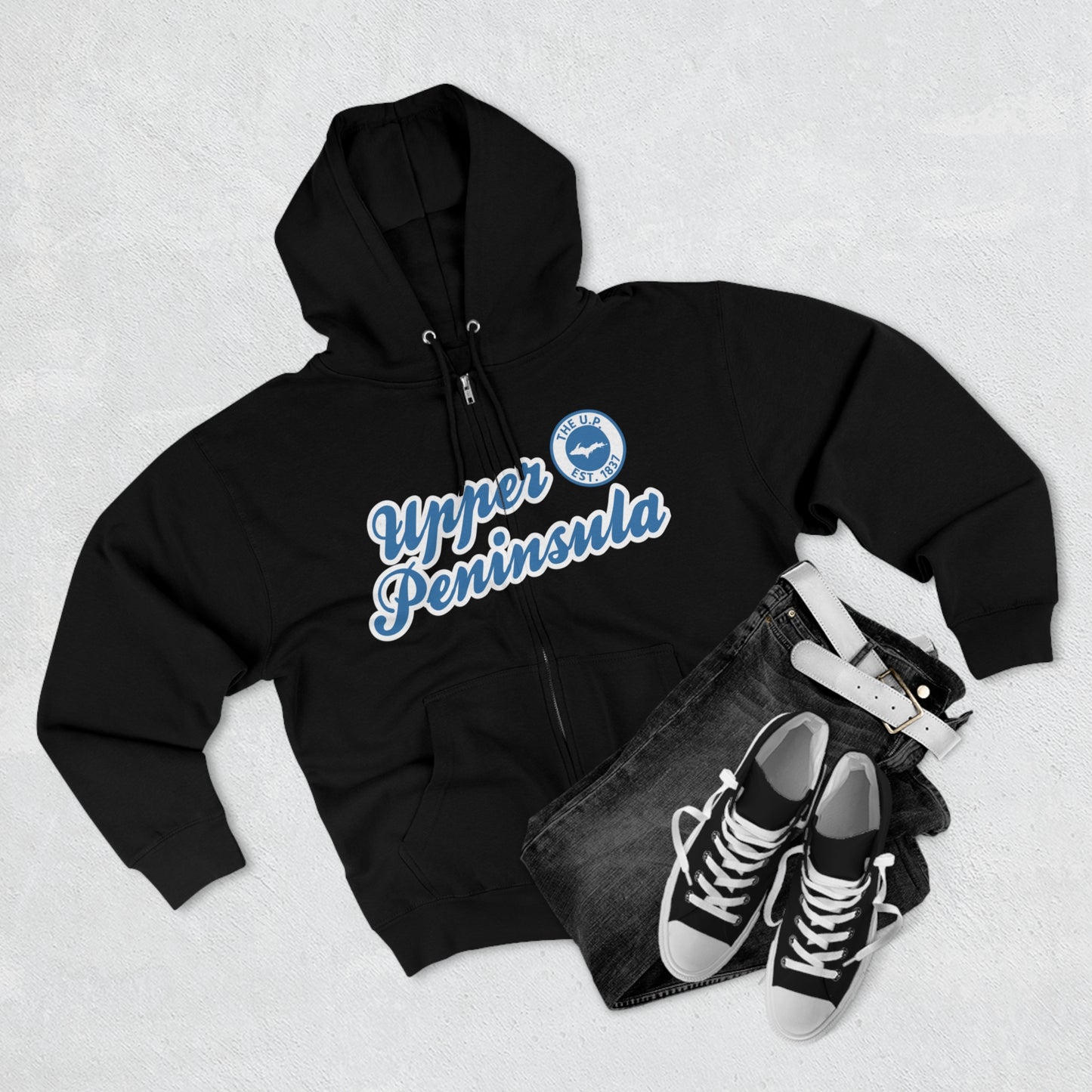 Upper Peninsula EST 1837' Hoodie (Lake Superior Blue Script Font) | Unisex Full Zip