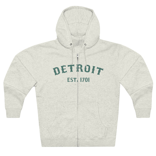 'Detroit EST. 1701' Hoodie (Copper Green Ballpark Font) | Unisex Full Zip