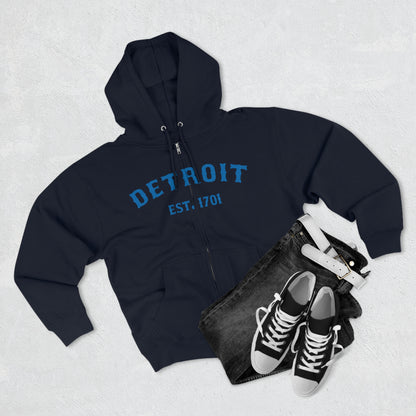 'Detroit EST. 1701' Hoodie (Azure Ballpark Font) | Unisex Full Zip