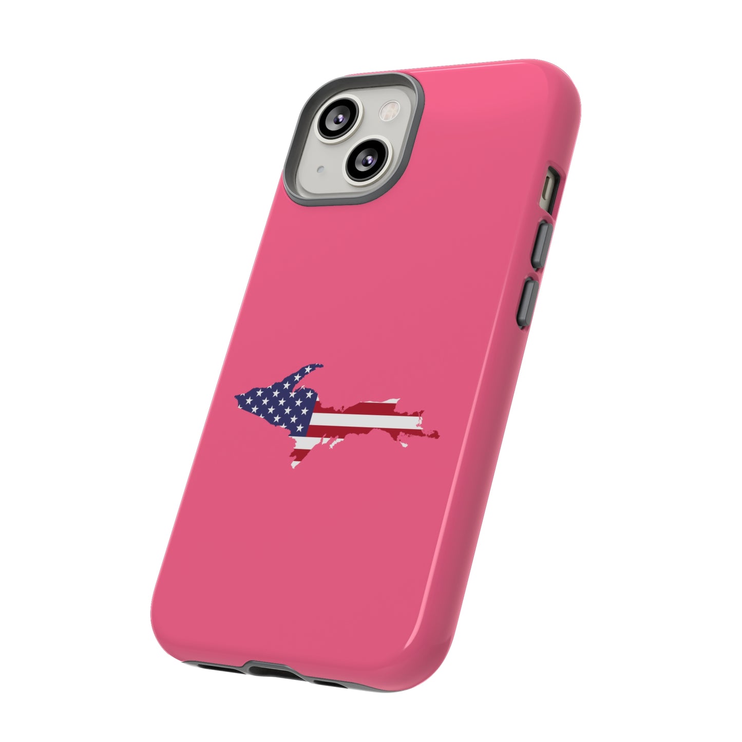 Michigan Upper Peninsula Tough Phone Case (Rhodochrosite Pink w/ UP USA Flag Outline) | Apple iPhone