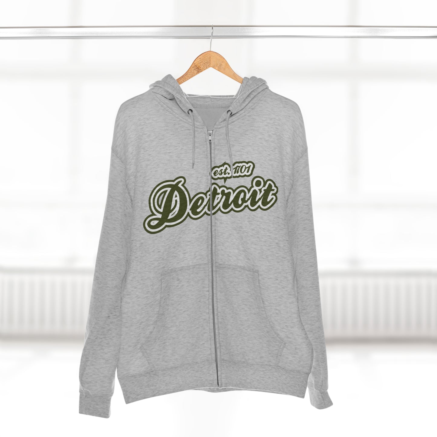 'Detroit EST 1701' Hoodie (Army Green Script Font) | Unisex Full Zip