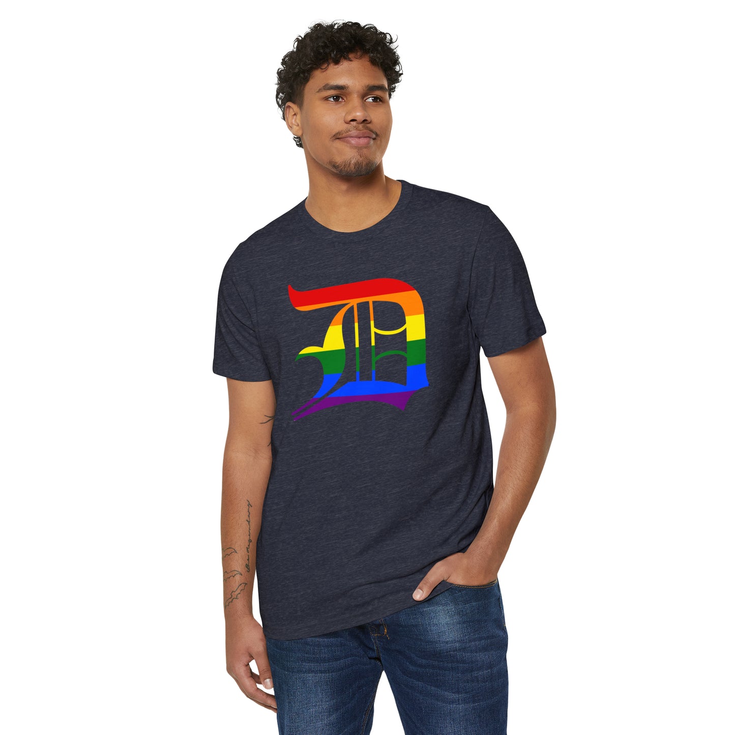 Detroit 'Old English D' T-Shirt (Rainbow Pride Edition) | Unisex Recycled Organic
