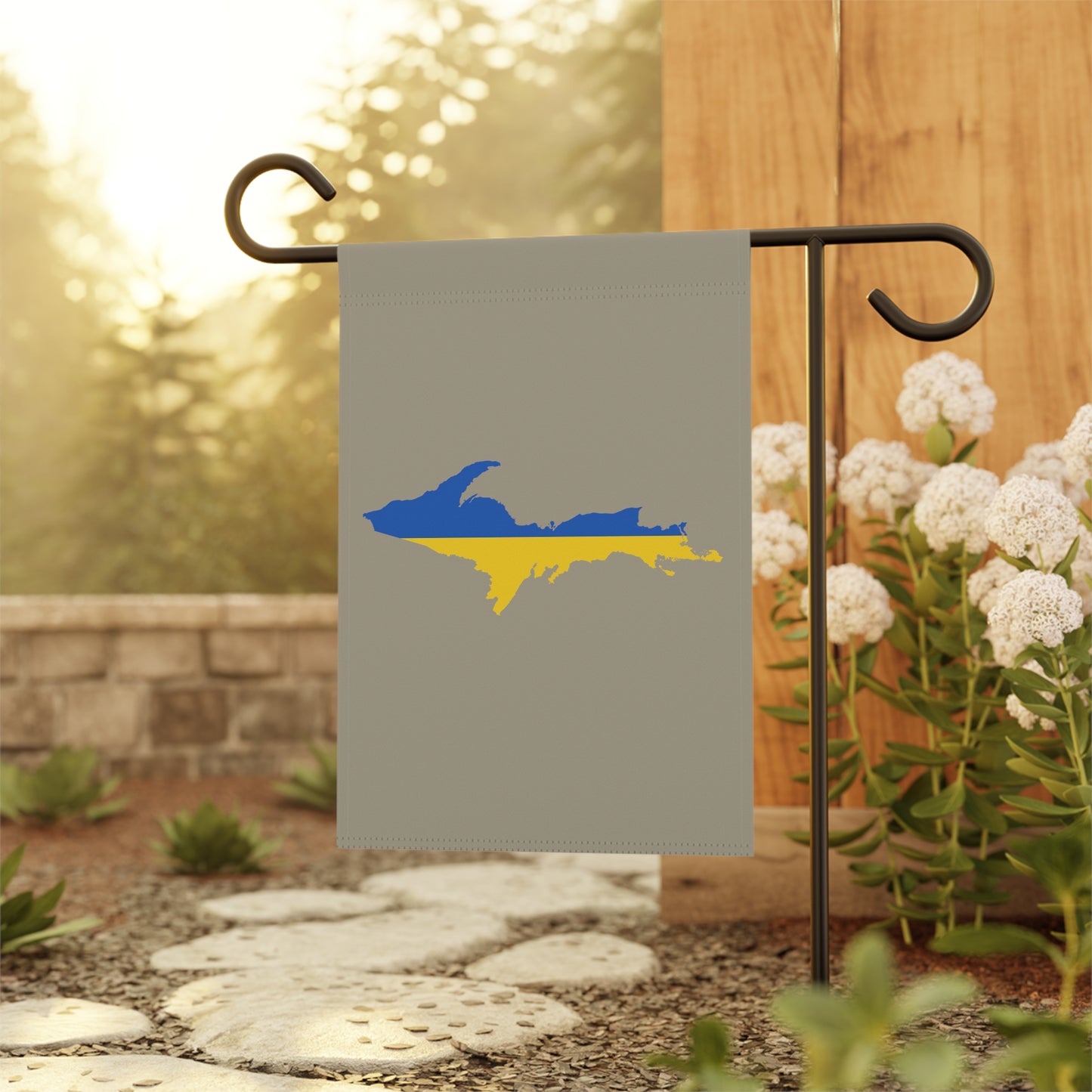 Michigan Upper Peninsula Home & Garden Flag (w/ UP Ukraine Flag) | Petoskey Stone Beige