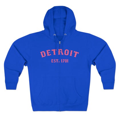 'Detroit EST. 1701' Hoodie (Rhodochrosite Pink Ballpark Font) | Unisex Full Zip