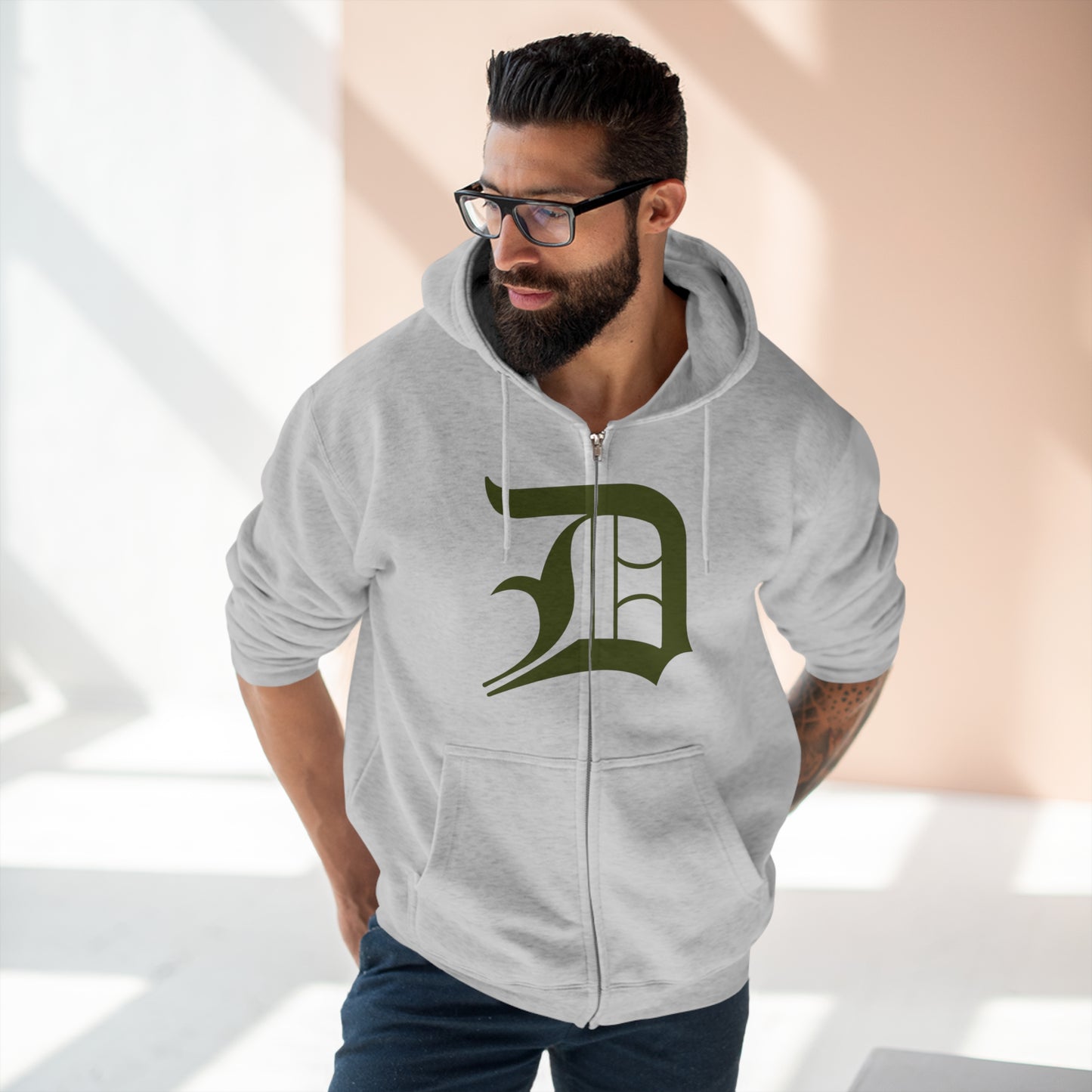 Detroit 'Old English D' Hoodie (Full-Body Army Green) | Unisex Full Zip