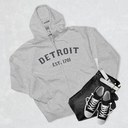 'Detroit EST. 1701' Hoodie (Iron Ore Grey Ballpark Font) | Unisex Full Zip