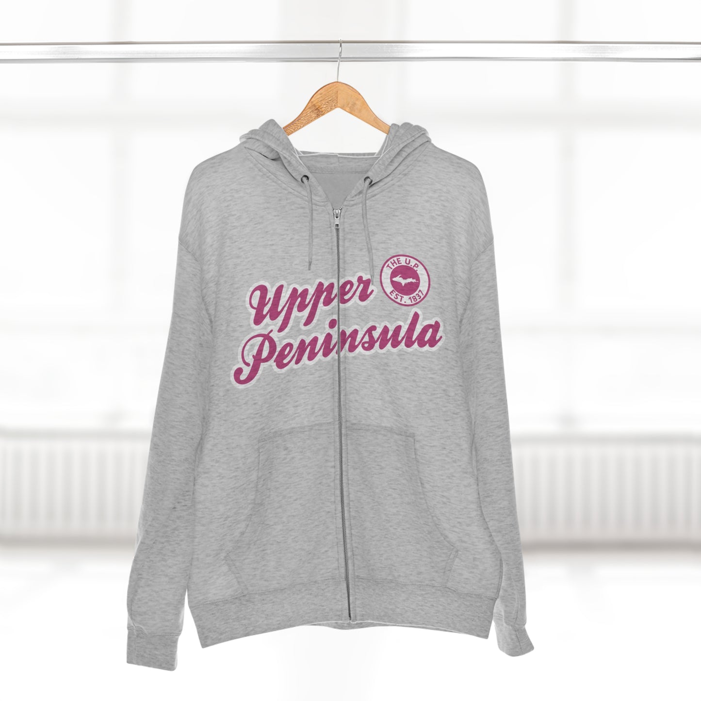 'Upper Peninsula EST 1837' Hoodie (Apple Blossom Pink Script Font) | Unisex Full Zip