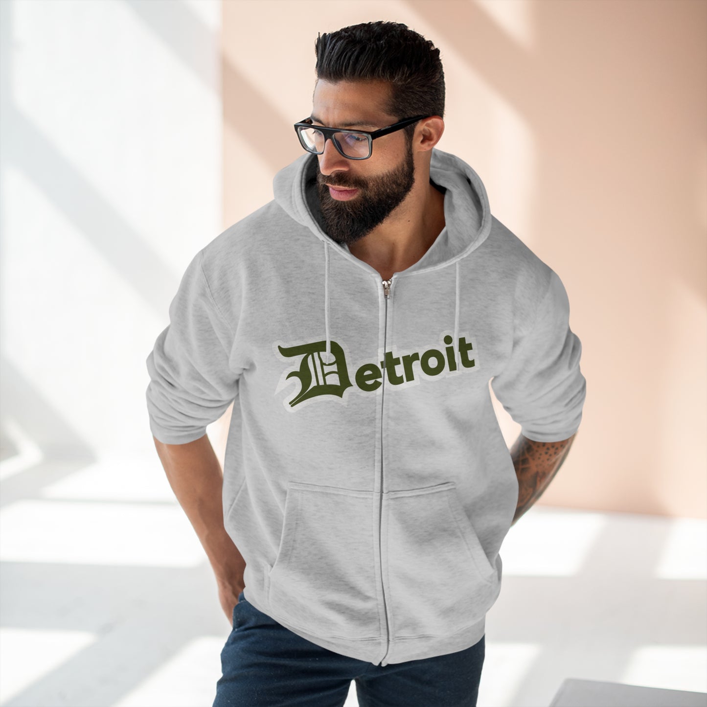 'Detroit' Hoodie (Army Green w/ Old English 'D') | Unisex Full Zip