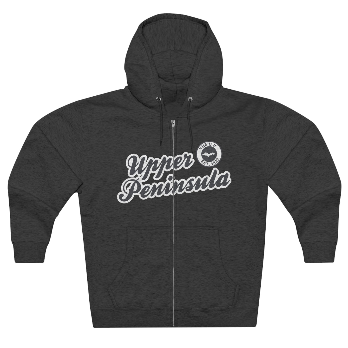 'Upper Peninsula EST 1837' Hoodie (Iron Ore Grey Script Font) | Unisex Full Zip