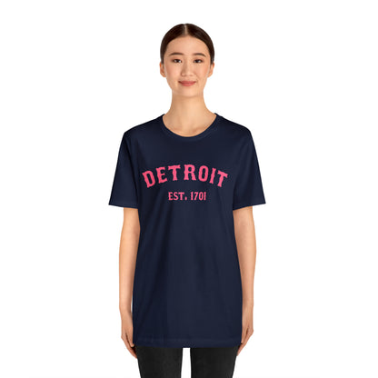 'Detroit EST. 1701' T-Shirt (Rhodochrosite Pink Ballpark Font) | Unisex Standard