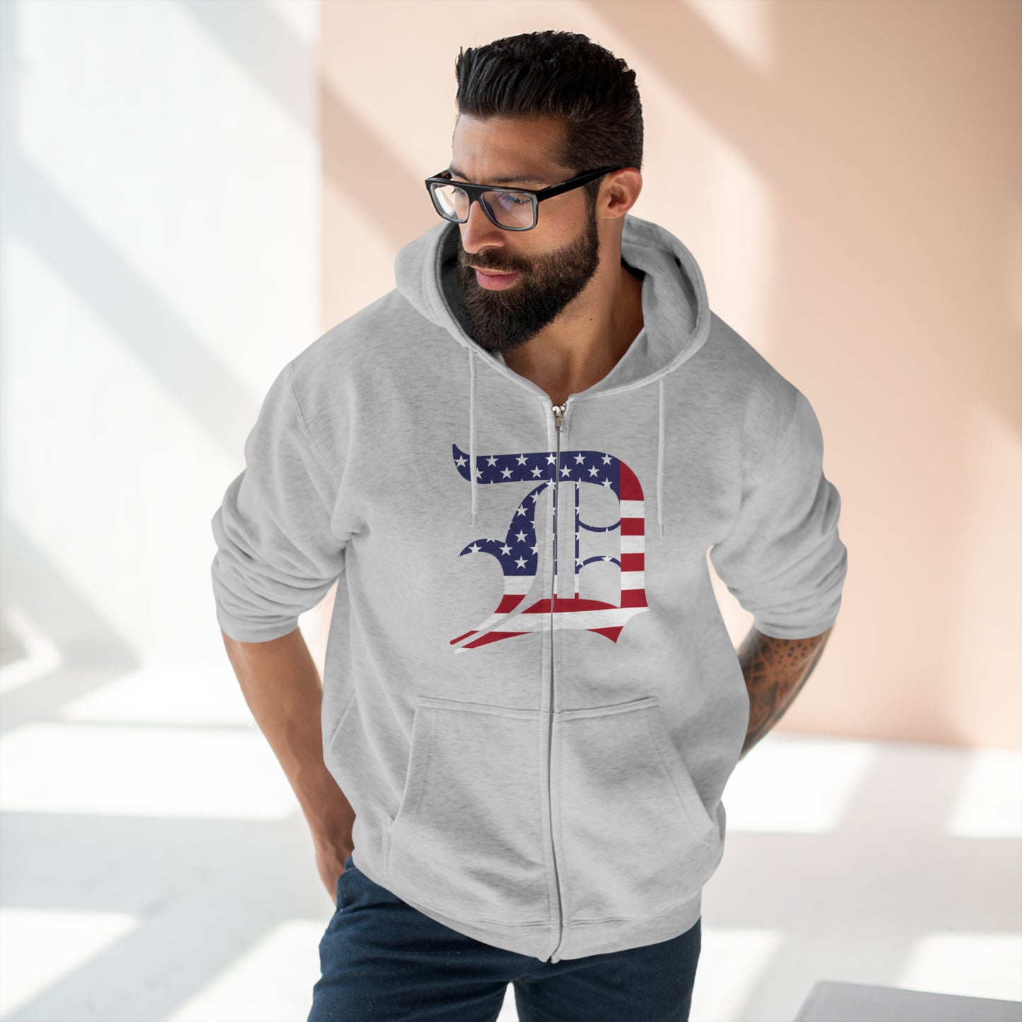 Detroit 'Old English D' Hoodie (Full-Body Patriotic Edition) | Unisex Full Zip