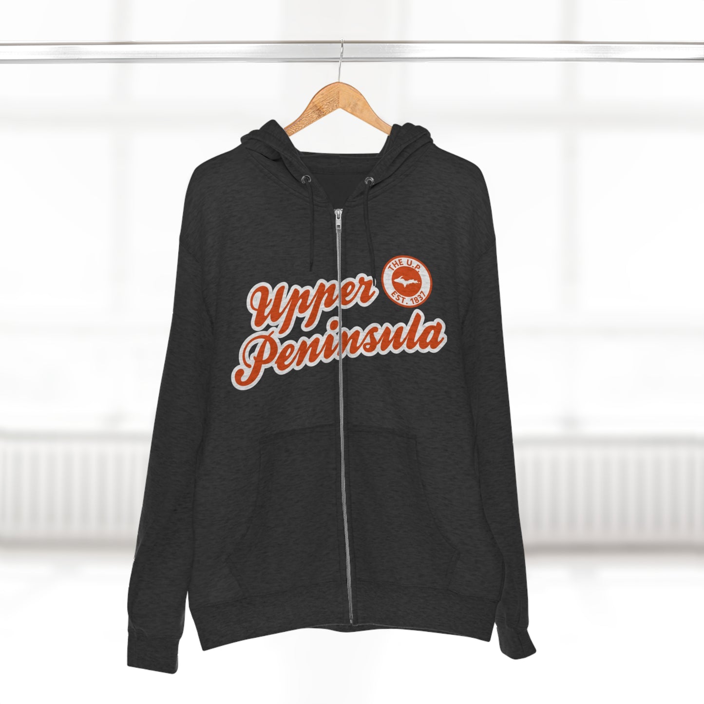 Upper Peninsula EST 1837' Hoodie (Maple Leaf Orange Script Font) | Unisex Full Zip