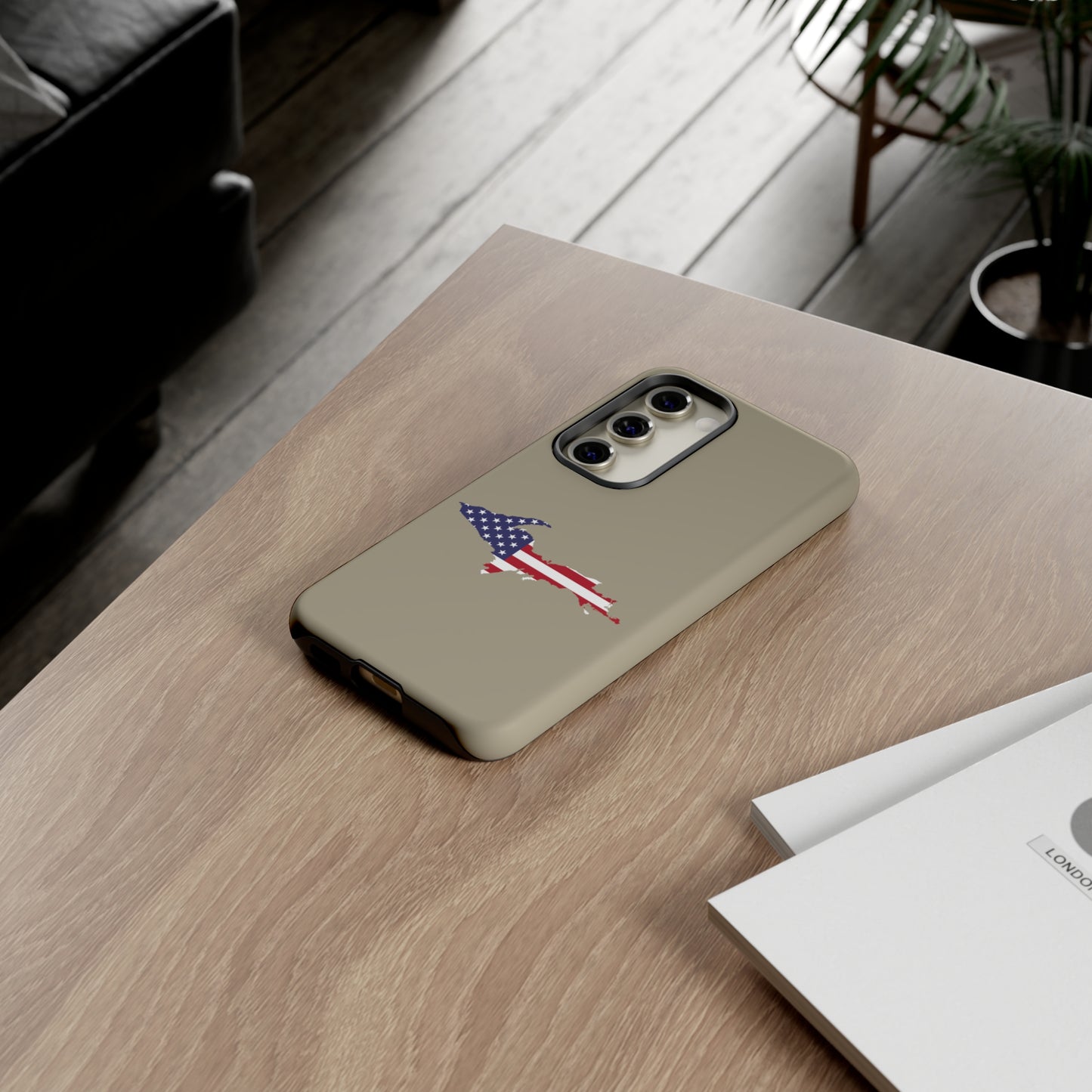 Michigan Upper Peninsula Tough Phone Case (Petoskey Stone Beige w/ UP USA Flag Outline) | Samsung & Pixel Android