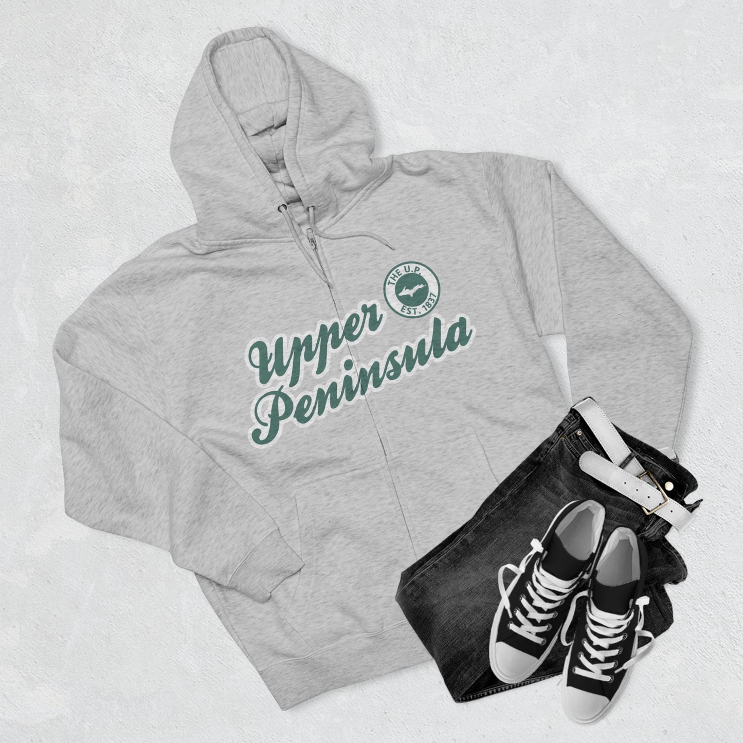 Upper Peninsula EST 1837' Hoodie (Copper Green Script Font) | Unisex Full Zip