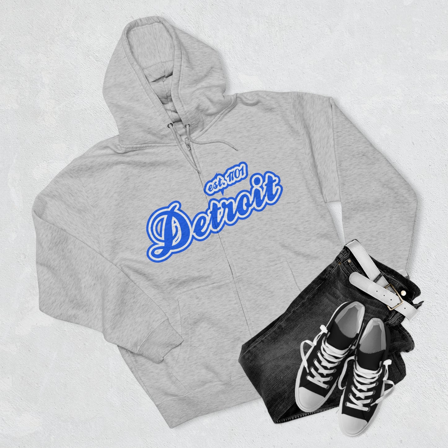 'Detroit EST 1701' Hoodie (Motor Town Blue Script Font) | Unisex Full Zip