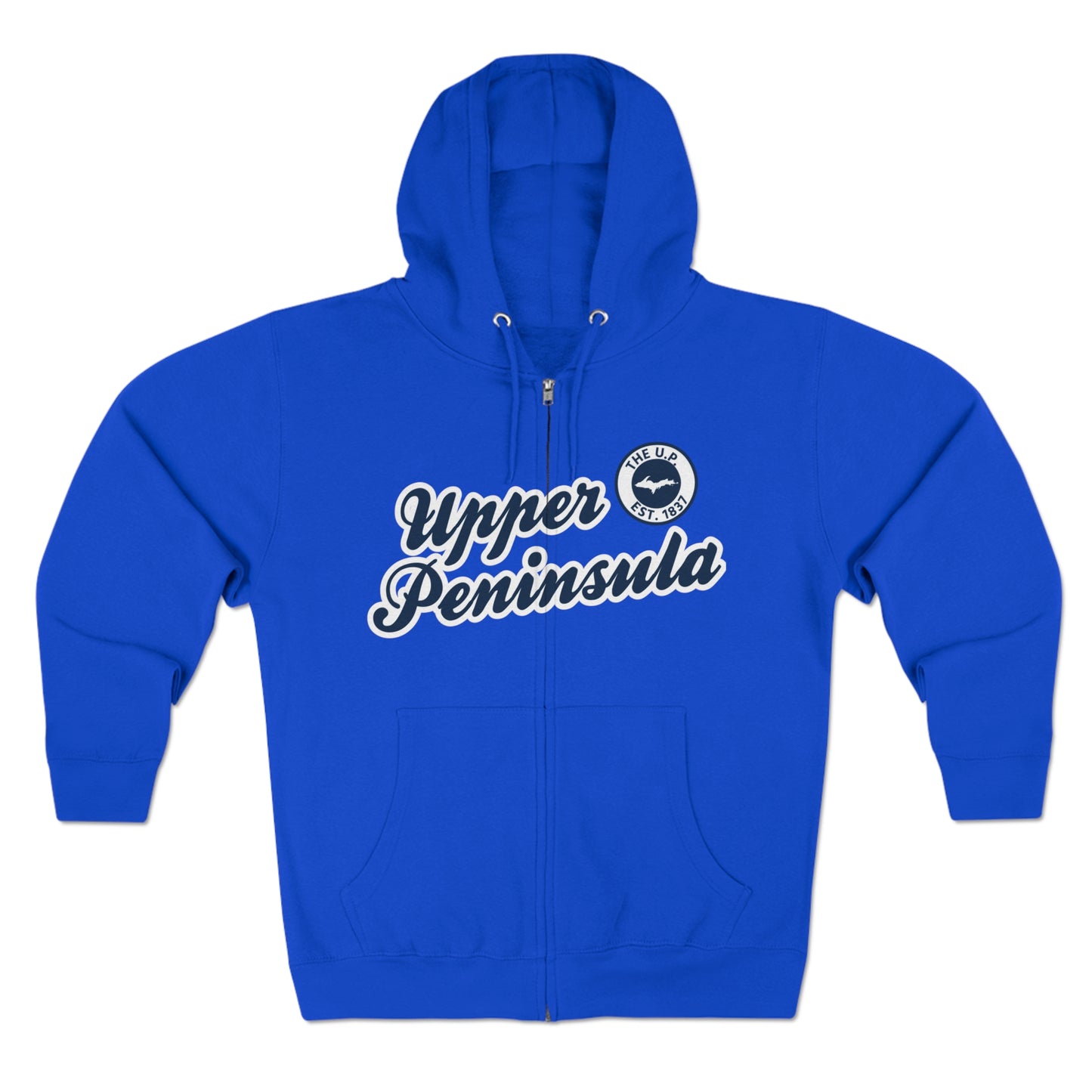 'Upper Peninsula EST 1837' Hoodie (Navy Script Font) | Unisex Full Zip