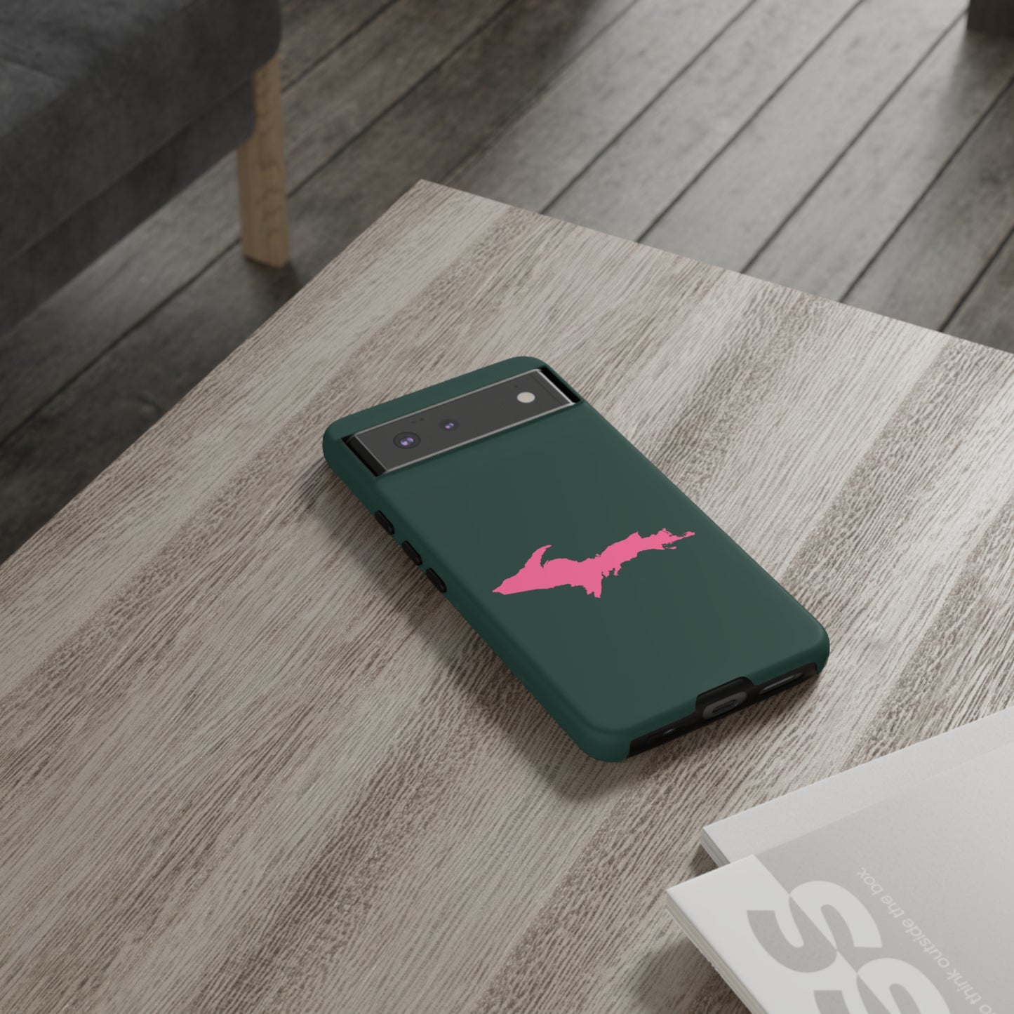 Michigan Upper Peninsula Tough Phone Case (Green w/ Pink UP Outline) | Samsung & Pixel Android