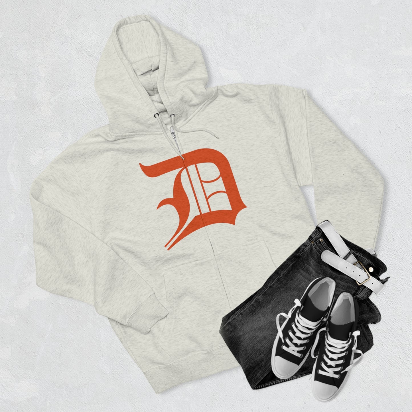 Detroit 'Old English D' Hoodie (Full-Body Maple Leaf Orange) | Unisex Full Zip