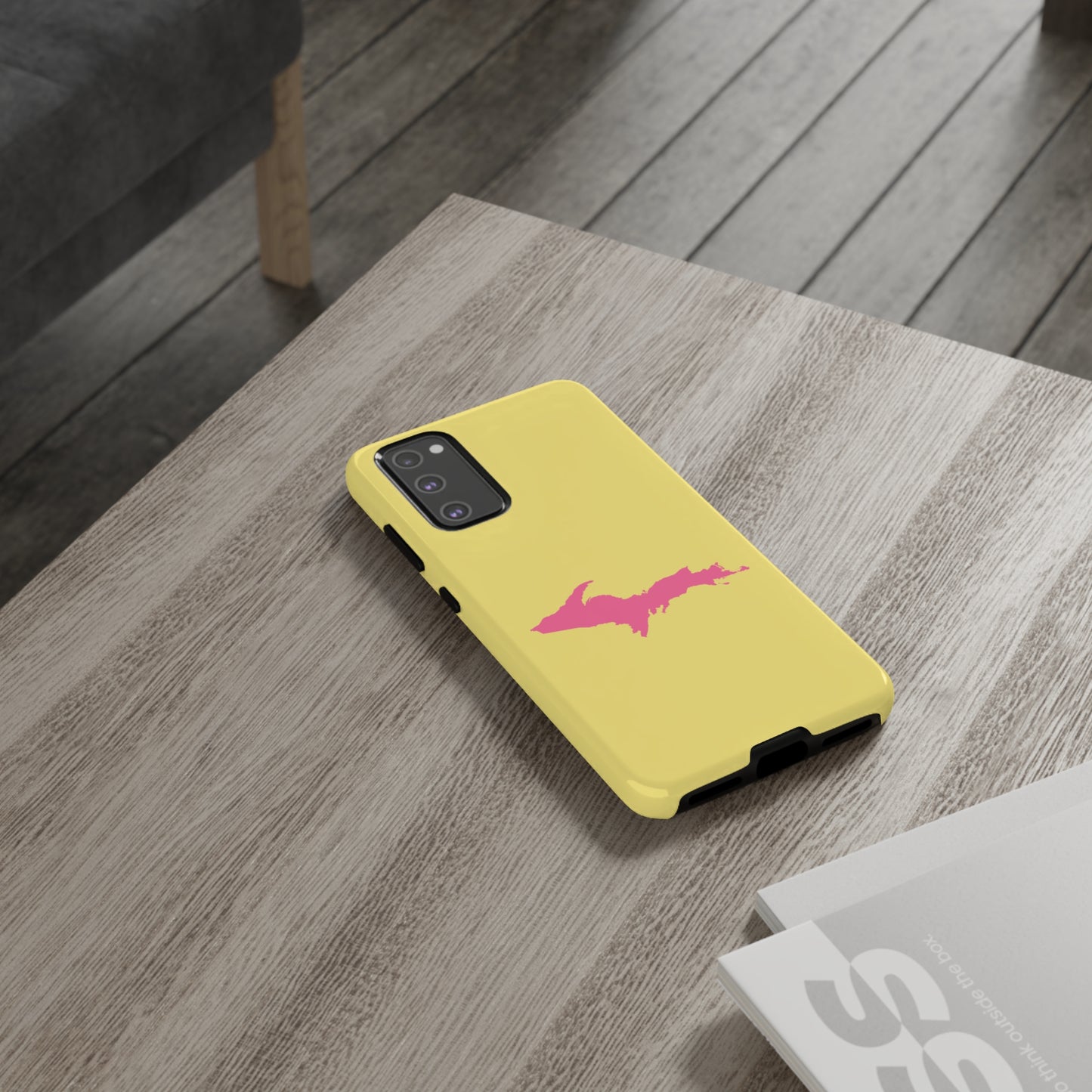 Michigan Upper Peninsula Tough Phone Case (Yellow Cherry Color w/ Pink UP Outline) | Samsung & Pixel Android