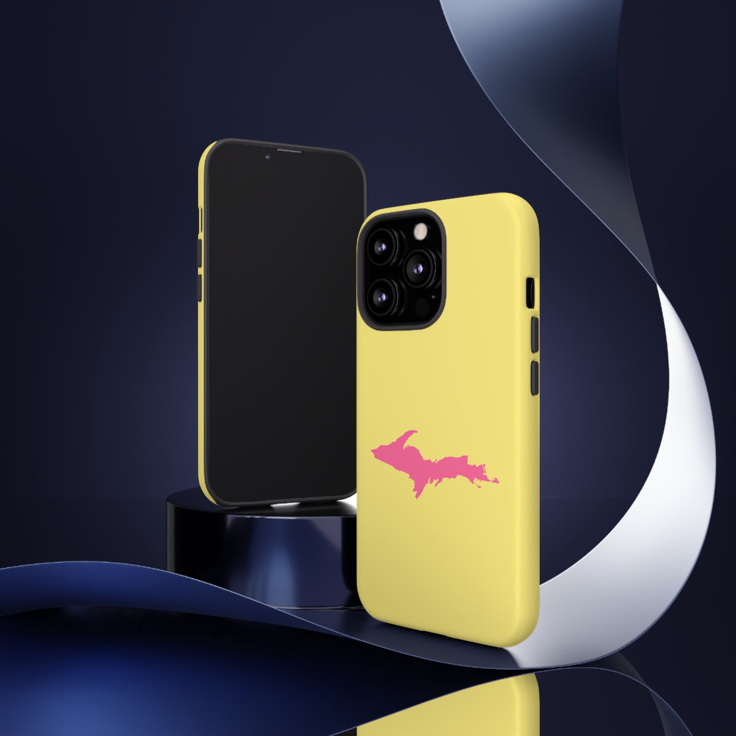 Michigan Upper Peninsula Tough Phone Case (Yellow Cherry Color w/ Pink UP Outline) | Apple iPhone