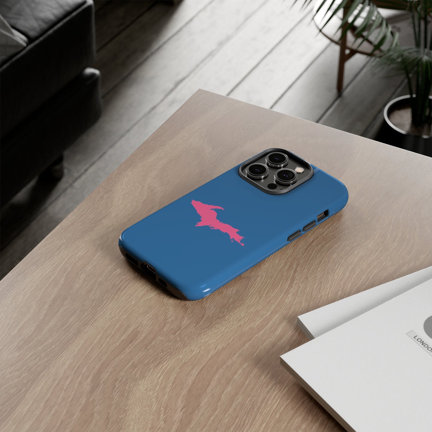 Michigan Upper Peninsula Tough Phone Case (Lake Superior Blue w/ Pink UP Outline) | Apple iPhone