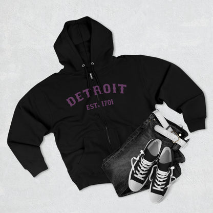 'Detroit EST. 1701' Hoodie (Plum Ballpark Font) | Unisex Full Zip