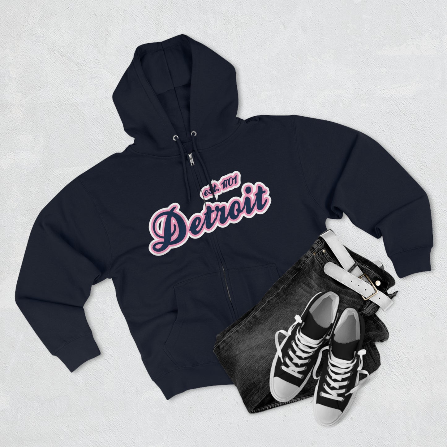 'Detroit EST 1701' Hoodie (Navy/Pink Script Font) | Unisex Full Zip