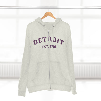 'Detroit EST. 1701' Hoodie (Plum Ballpark Font) | Unisex Full Zip