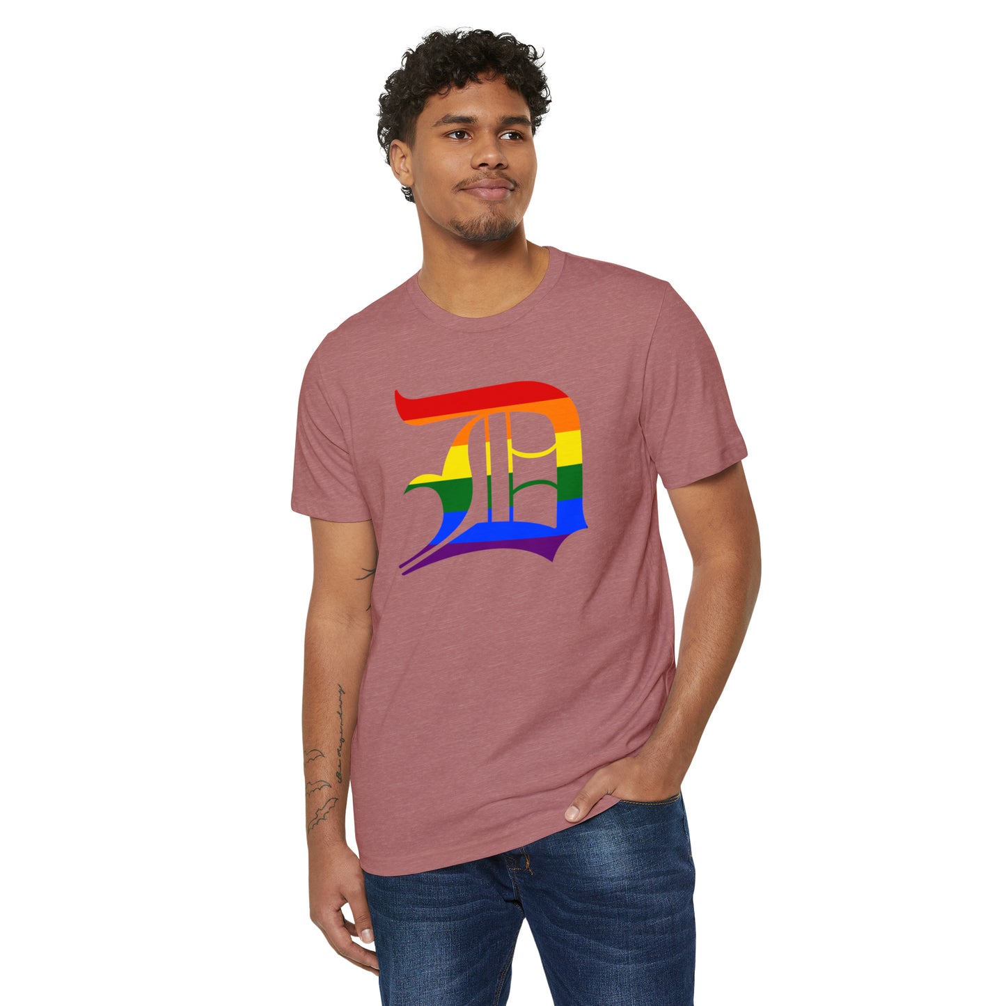 Detroit 'Old English D' T-Shirt (Rainbow Pride Edition) | Unisex Recycled Organic