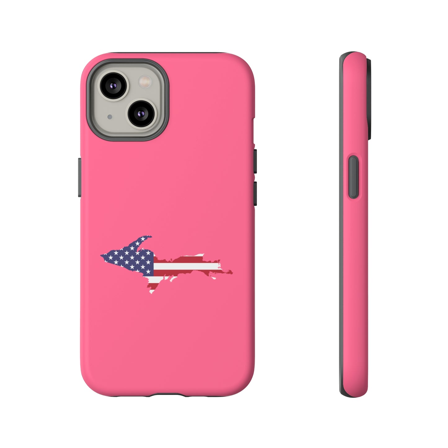 Michigan Upper Peninsula Tough Phone Case (Rhodochrosite Pink w/ UP USA Flag Outline) | Apple iPhone