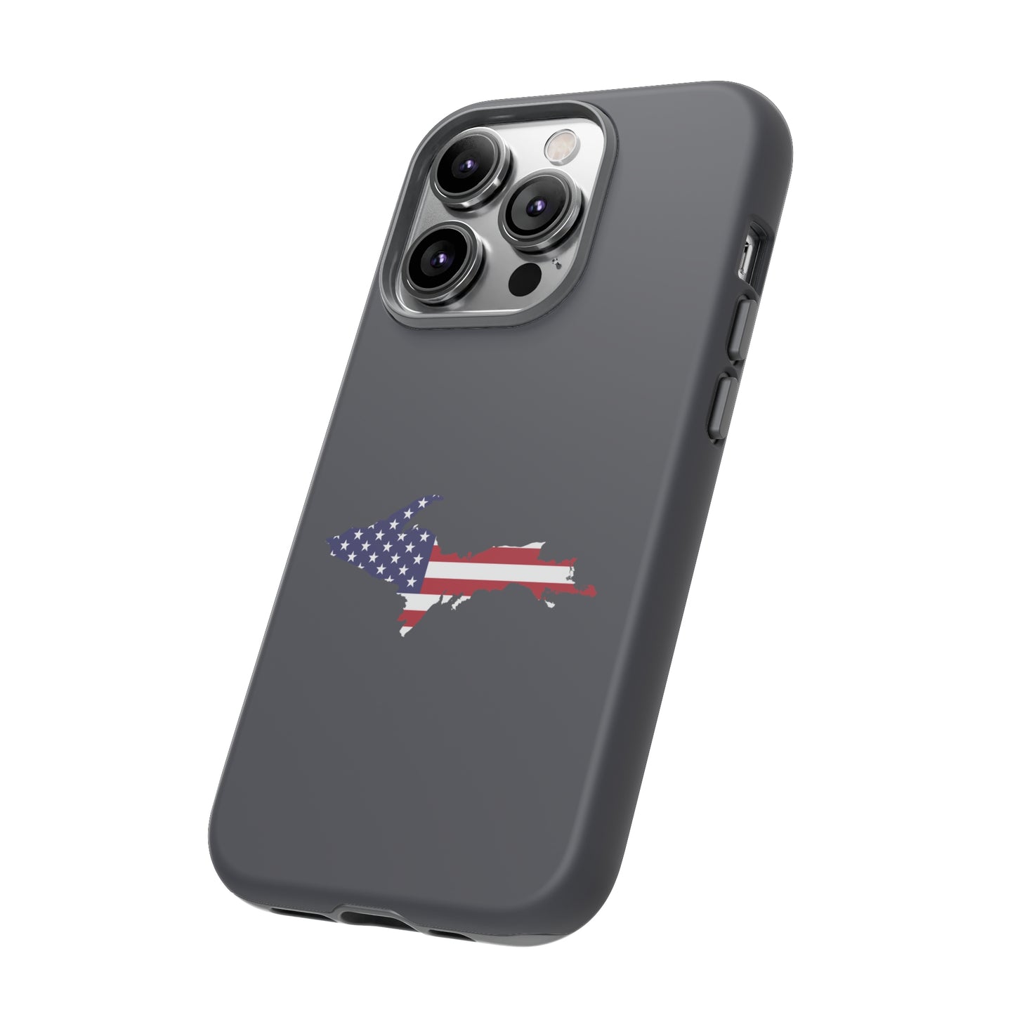 Michigan Upper Peninsula Tough Phone Case (Iron Ore Grey w/ UP USA Flag Outline) | Apple iPhone