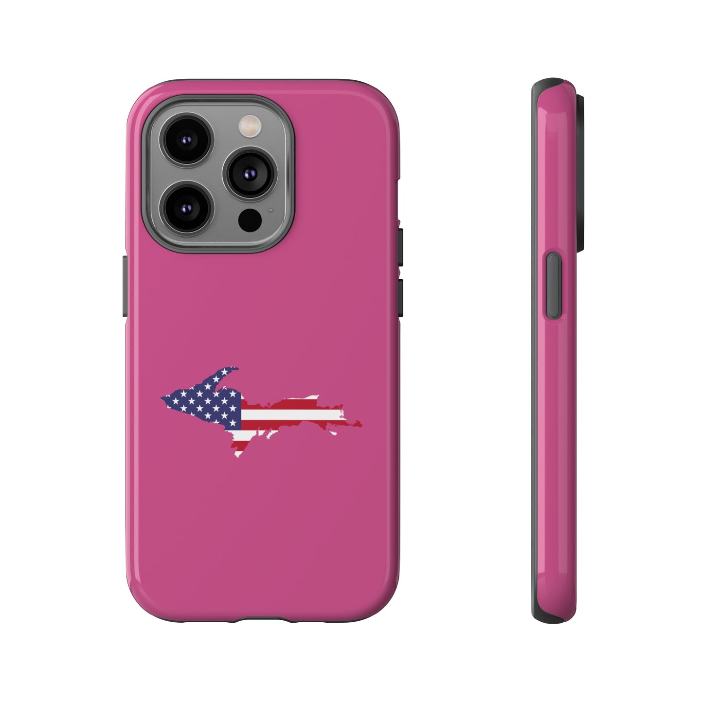 Michigan Upper Peninsula Tough Phone Case (Apple Blossom Pink w/ UP USA Flag Outline) | Apple iPhone