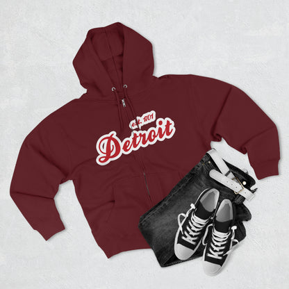 'Detroit EST 1701' Hoodie (Aliform Red Script Font) | Unisex Full Zip