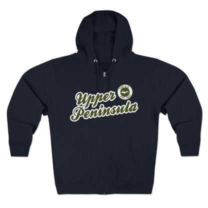 'Upper Peninsula EST 1837' Hoodie (Army Green Script Font) | Unisex Full Zip