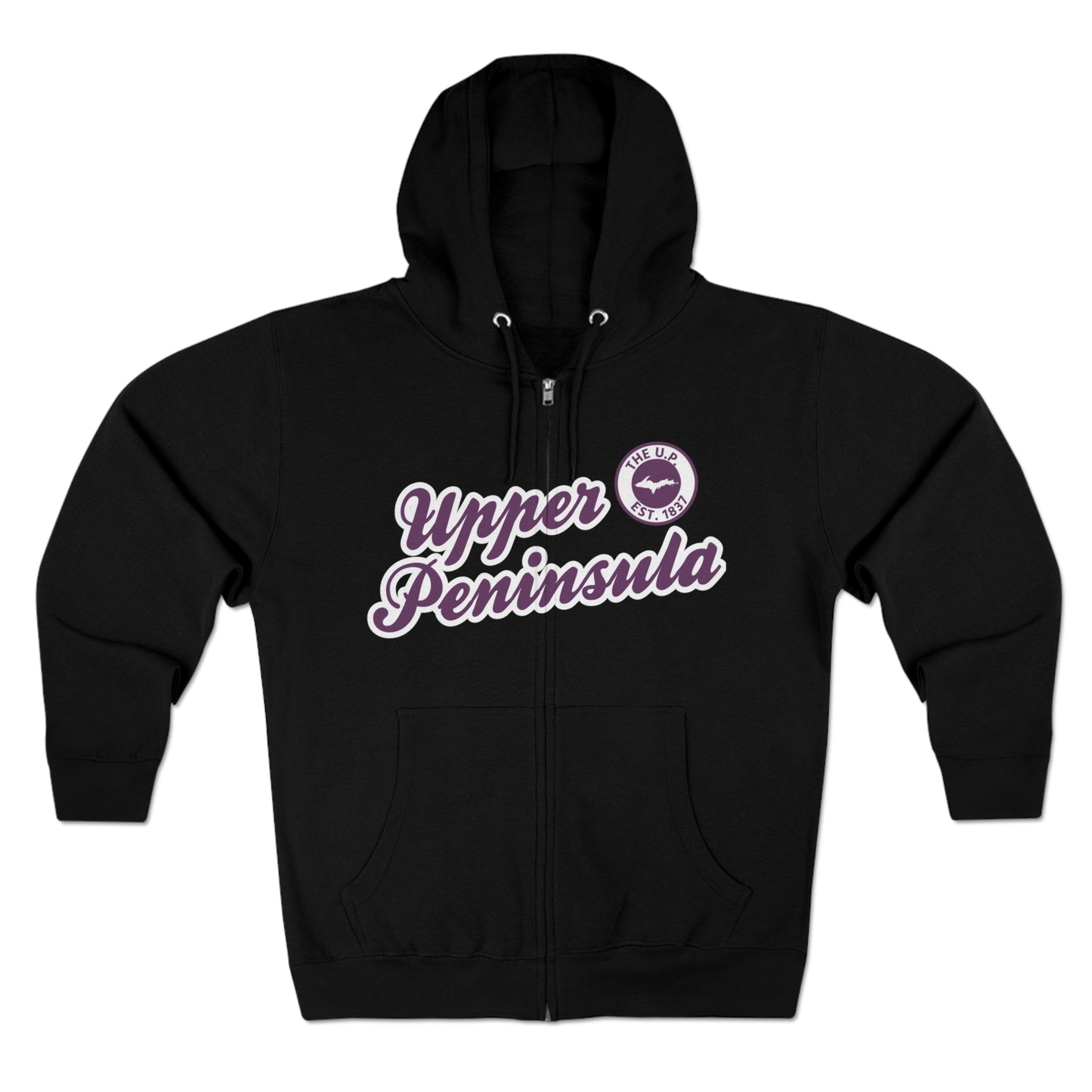 'Upper Peninsula EST 1837' Hoodie (Plum Script Font) | Unisex Full Zip