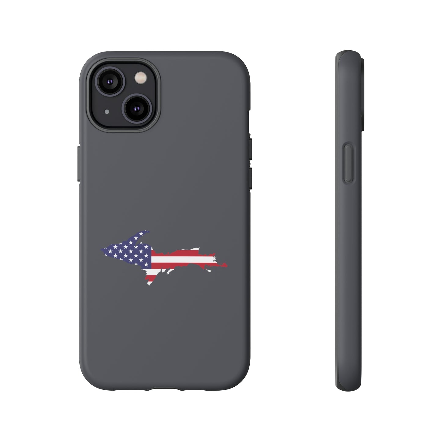 Michigan Upper Peninsula Tough Phone Case (Iron Ore Grey w/ UP USA Flag Outline) | Apple iPhone