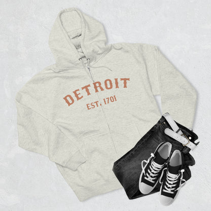 'Detroit EST. 1701' Hoodie (Copper Ballpark Font) | Unisex Full Zip